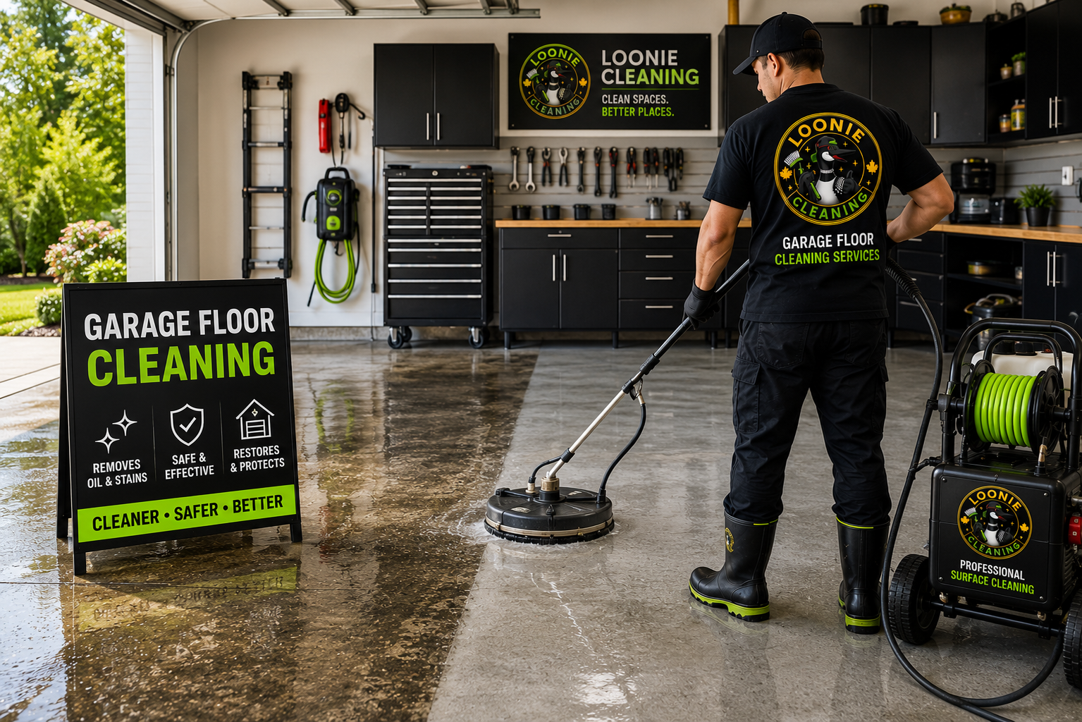 Professional garage floor cleaning service by Loonie Cleaning Services